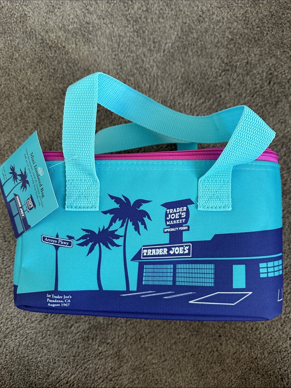NWT Trader Joe's Aqua & Navy Palm Mini Insulated Print Tote